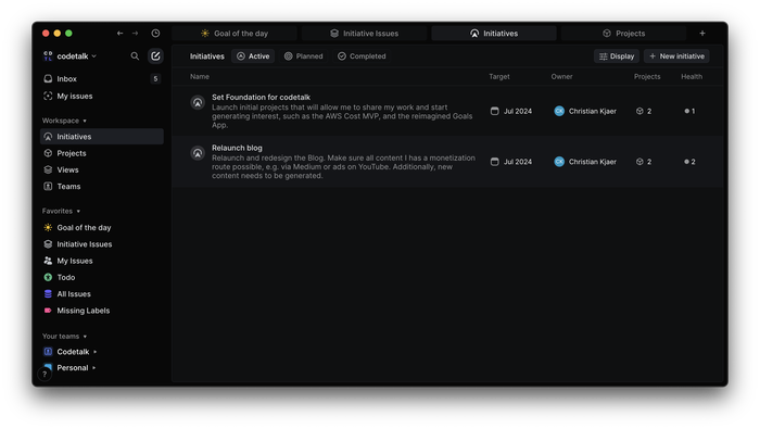 A view of my Initiatives in Linear for July 2024